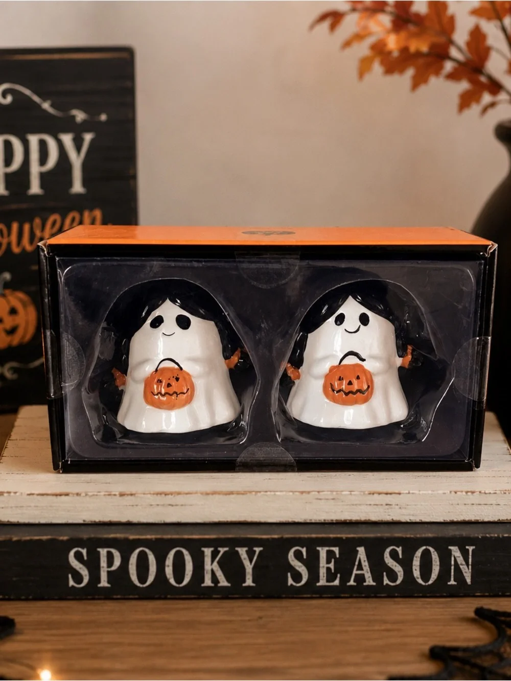 Ceramic Ghost Halloween Salt & Pepper Shakers - White & Orange